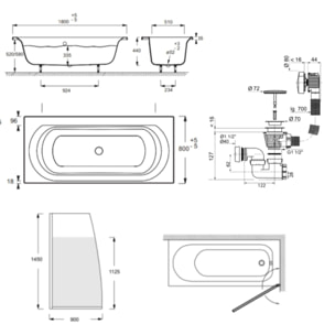 Baignoire droite 180 X 80 Elise acrylique + pare bain volet droite + vidage