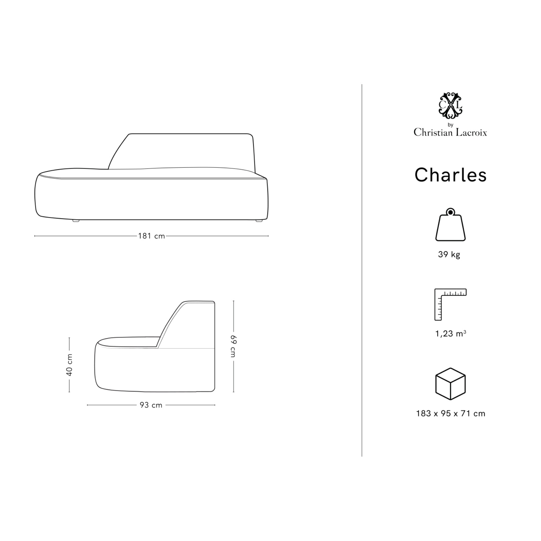 Canapé modulable gauche "Charles" 2 places en velours rouge