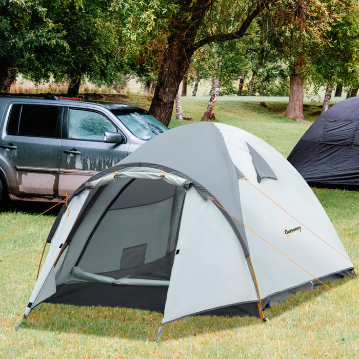 Tente de camping 3-4 personnes dim. 350L x 150l x 128xH cm - 3 portes, tapis sol, sac transport - alu. polyester gris