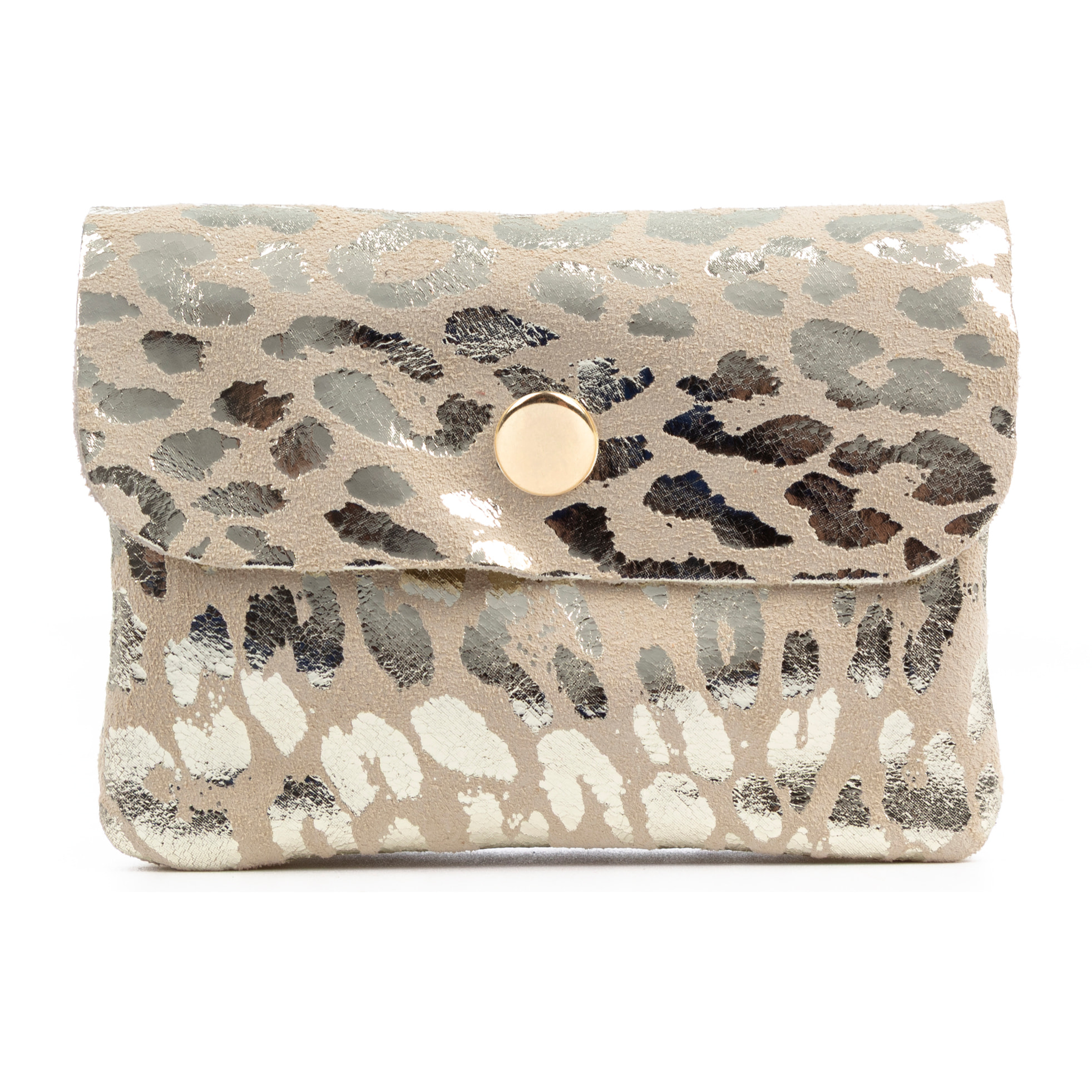 Alpignano portafoglio donna. Pelle scamosciata autentica, design a stampa animale leopardata, laccato lucido.