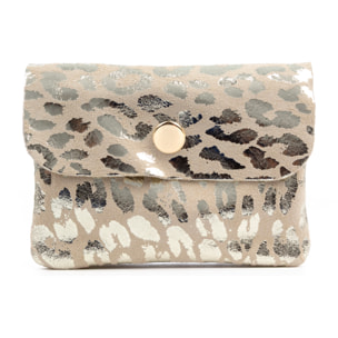 Alpignano portafoglio donna. Pelle scamosciata autentica, design a stampa animale leopardata, laccato lucido.