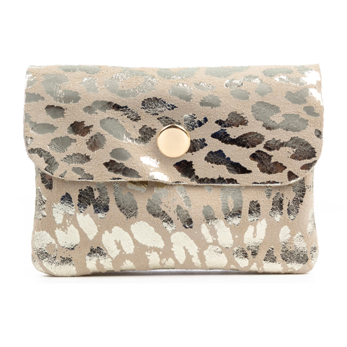 Alpignano portafoglio donna. Pelle scamosciata autentica, design a stampa animale leopardata, laccato lucido.