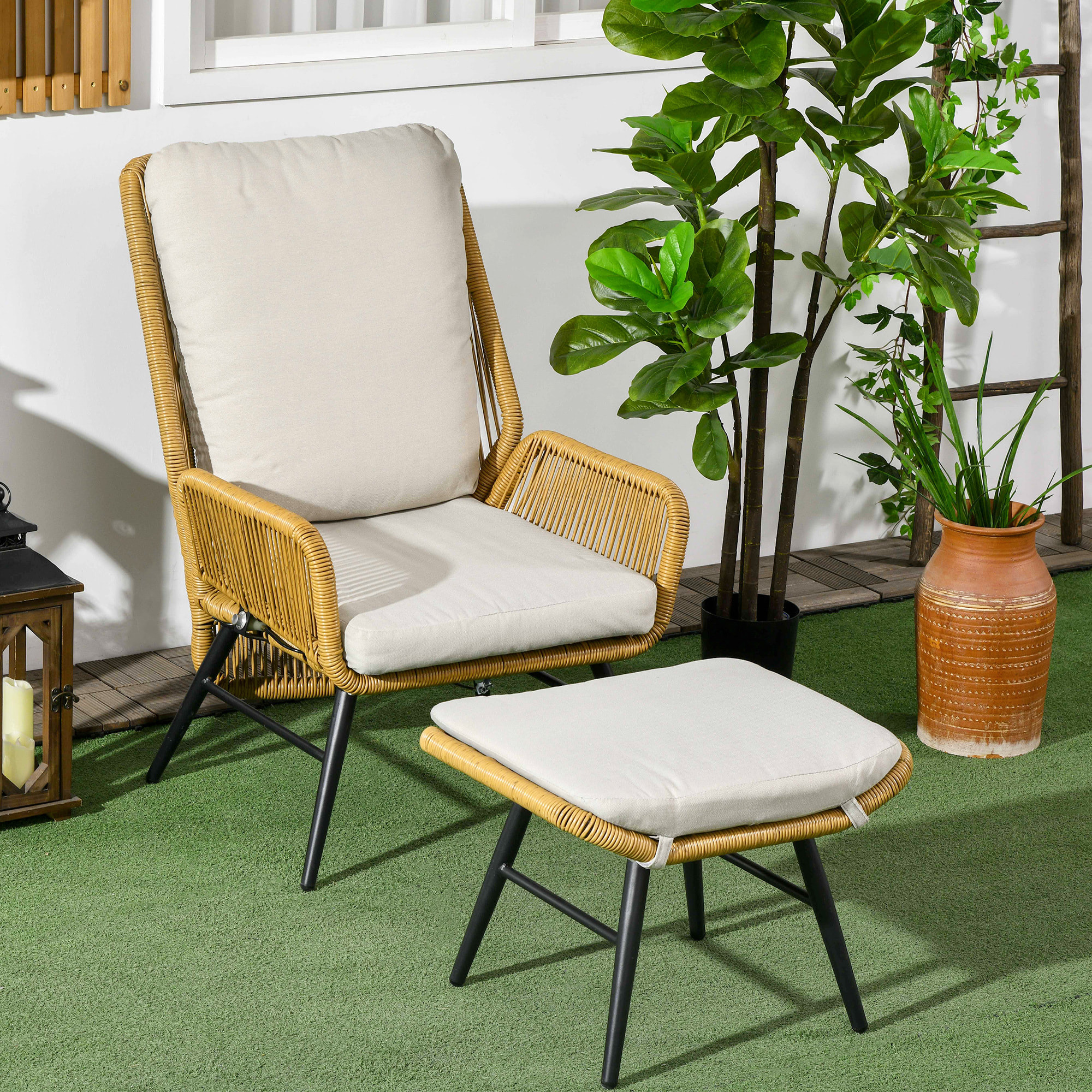 Fauteuil lounge de jardin inclinable avec repose-pied coussins inclus résine tressée aspect rotin