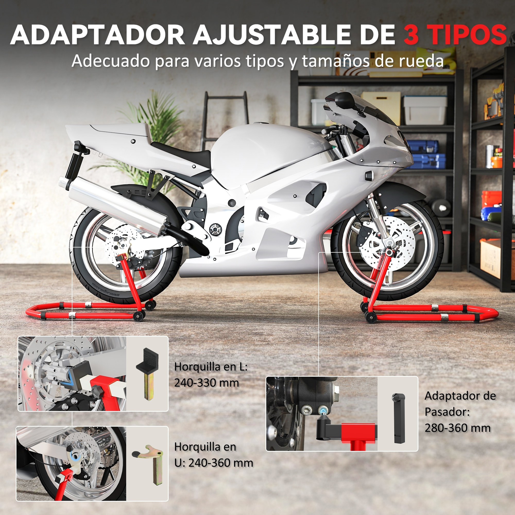 Caballete Moto Elevador Universal Carga 390 kg Combo Soporte de Rueda Delantera y Trasera Motocicleta con Adaptadores de Horquillas en U y L Ajustables y Ruedas para Reparación y Mantenimiento