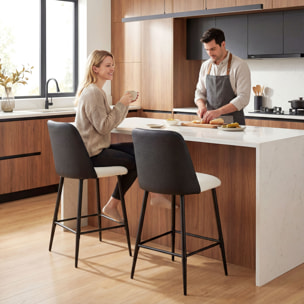 Juego de 2 Taburetes de Bar, Taburetes Altos de Cocina con Respaldo y Reposapiés, Tapizados de Lino y PU, Marco de Acero, Asiento de 65 cm de Altura, para Mostrador, Comedor, Negro