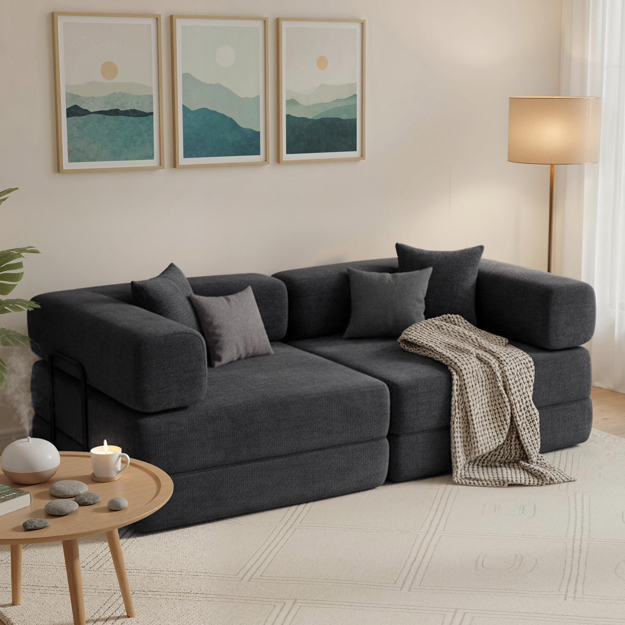 Sofá Cama de 2 Plazas Plegable, Sofá Cama, Tapizado en Chenilla, con 2 Almohadas, Reposabrazos Anchos, Acolchado Grueso, No Requiere Montaje, para Dormitorio, Salón, Gris Oscuro