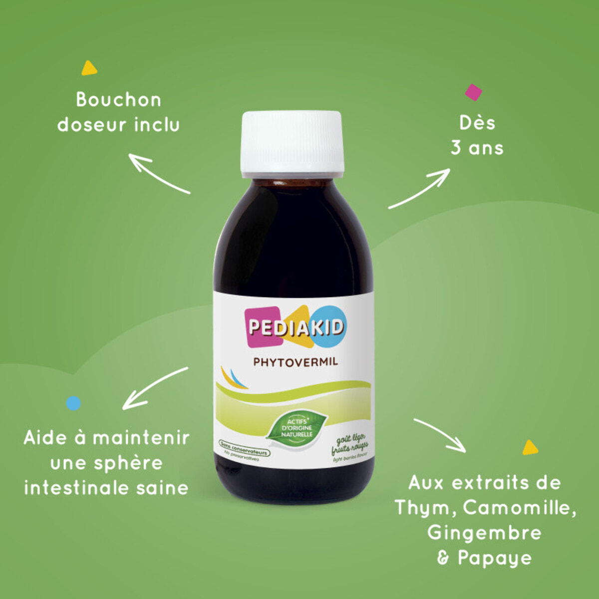 PEDIAKID - Phytovermil - Complément Alimentaire Naturel -Contribue au Maintien d'une Sphère Intestinale Saine - Bouchon Doseur Inclus - Arôme Fruits Rouges - Lot de 3 Flacons de 125 ml