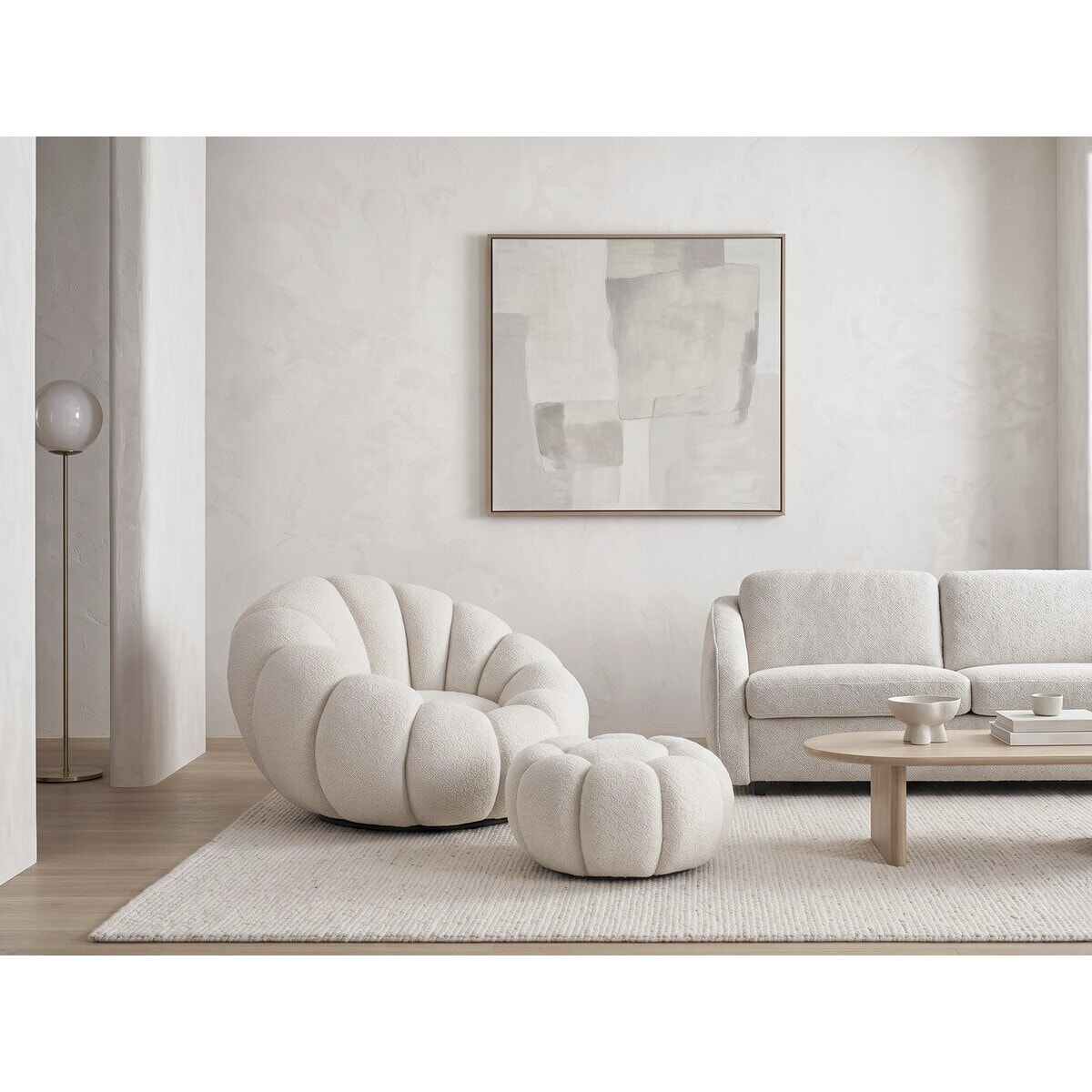 Fauteuil avec pouf style bubble en tissu bouclette "Élysée" - Crème