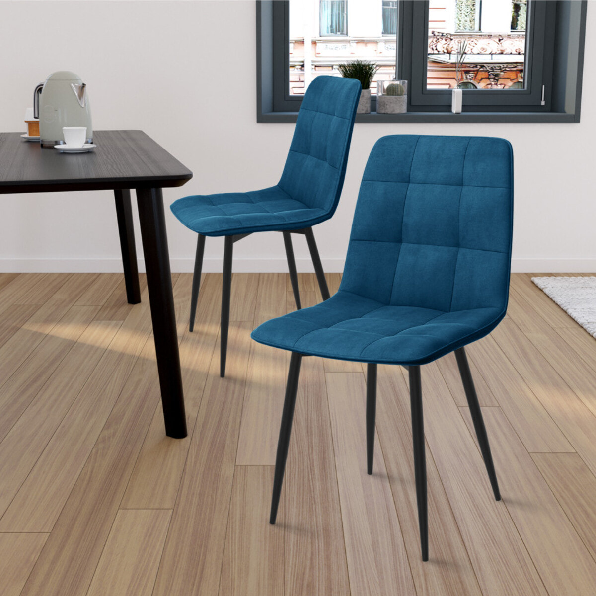 Chaises Linda en velours et pieds métal noirs - Bleu canard