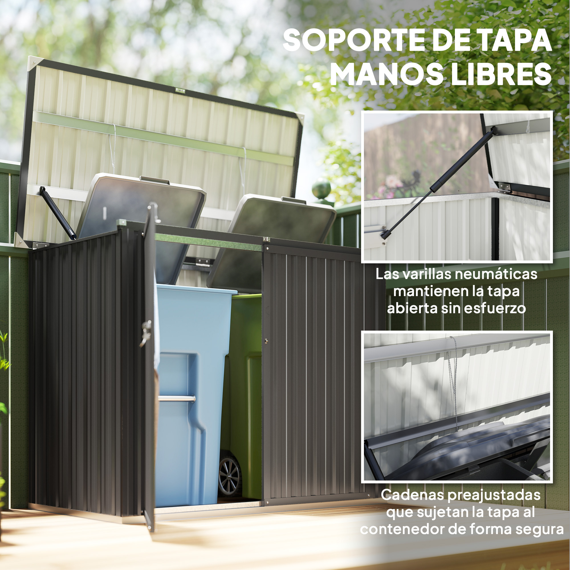 Cobertizo para Contenedor de Basura Doble, Caseta para Cubo de Basura de 240L de Acero Galvanizado con Tapa Abatible y Puertas con Cerradura, para Jardín, Exterior, 150x80x117 cm, Gris Oscuro