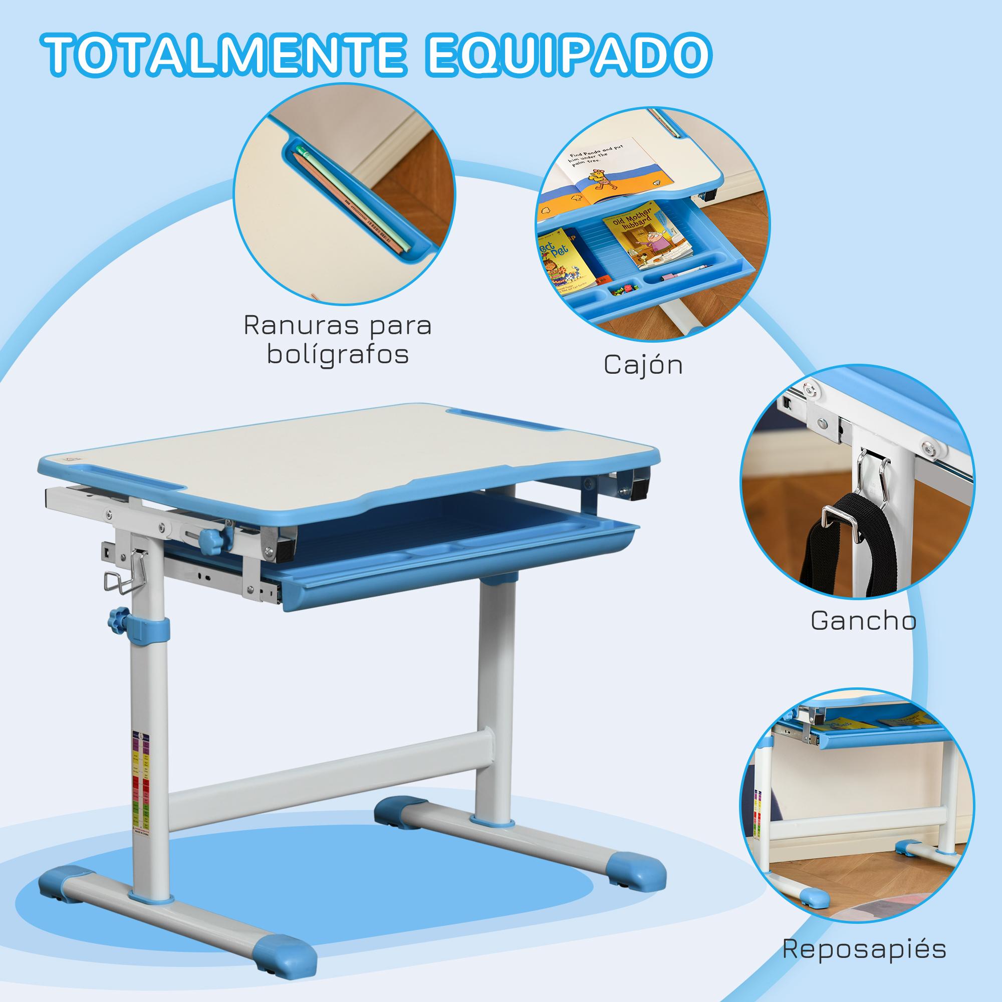 Pupitre Infantil 2 en 1 Juego de Escritorio y Silla para Niños de +6 Años con Altura Ajustable Mesa Regulable en Ángulo y Bandeja Deslizante 66x47x77 cm Azul