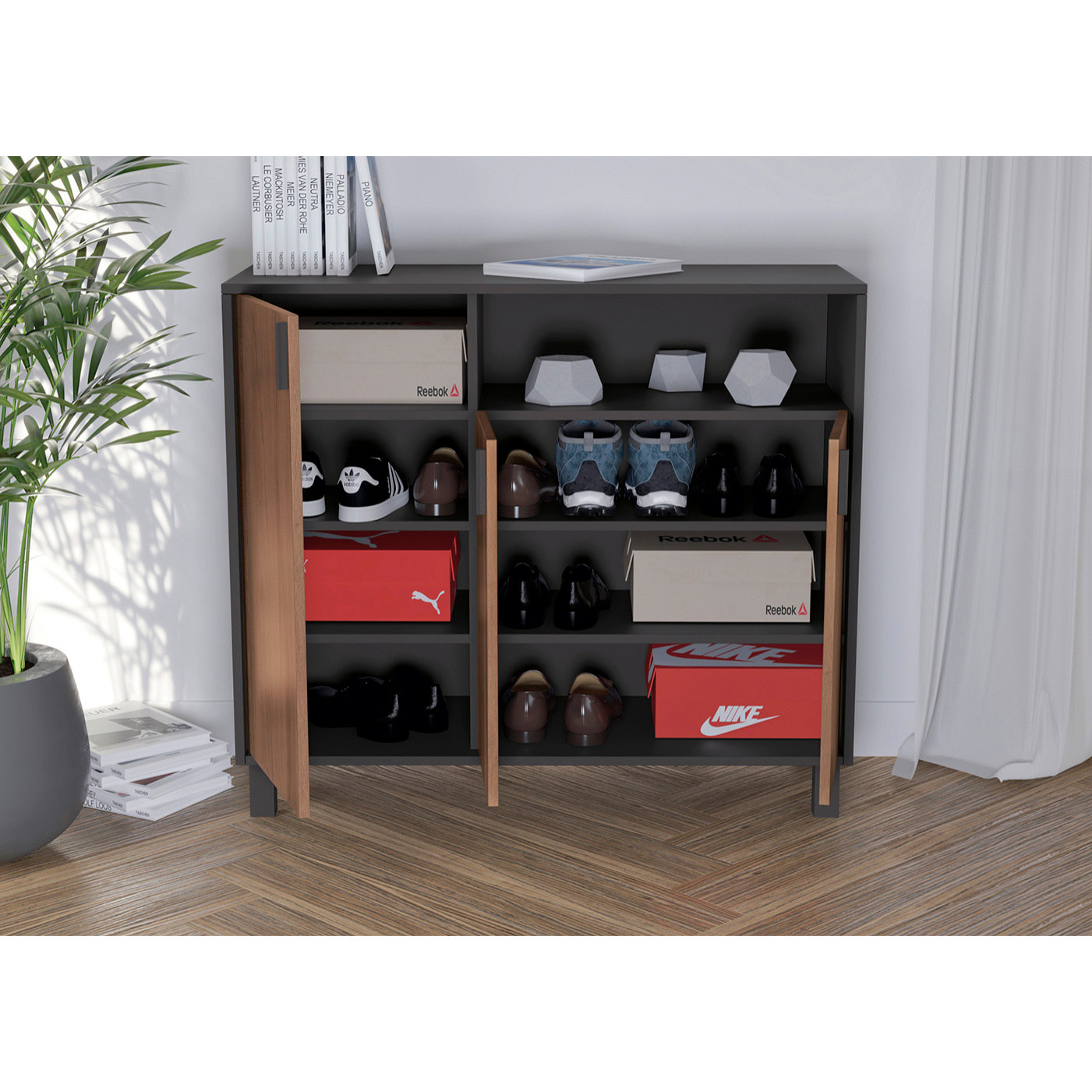 Zapatero Dyrnes melamina grafito puertas nogal 88x100x37 cm