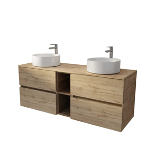 Meuble de Salle de Bains 140 TIMBER Décor Chêne 4 tiroirs et module - Vasques Blanches 36cm