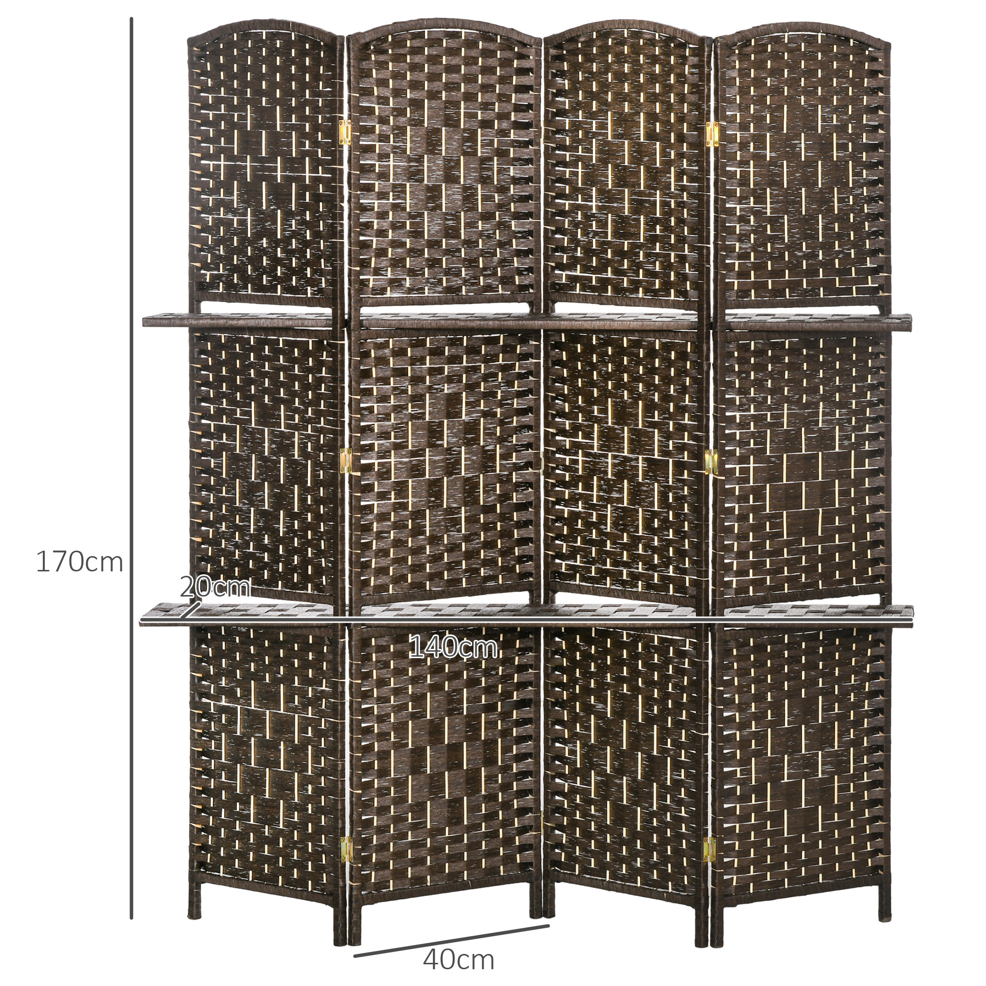 Paravent séparateur de pièce 4 panneaux pliables dim. 160L x 170H cm - 2 étagères - bois fibre papier brun