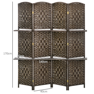 Paravent séparateur de pièce 4 panneaux pliables dim. 160L x 170H cm - 2 étagères - bois fibre papier brun