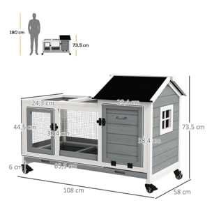 Conejera de Madera con Ruedas Jaula para Conejos con Techo Abatible y Bandeja Extraíble Conejera para Interior y Exterior 108x58x73,5 cm Gris