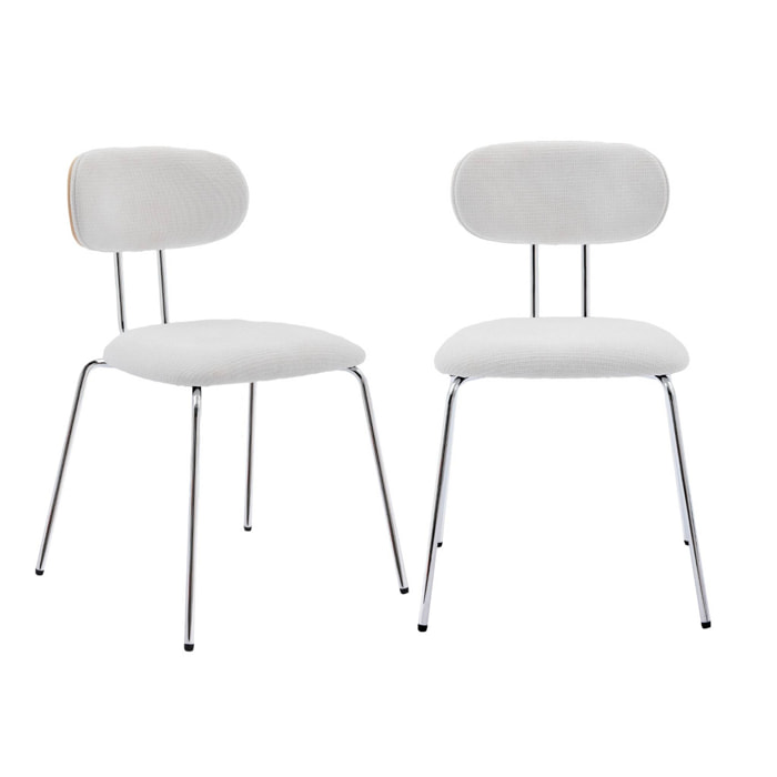 2 chaises décor bois courbé teinté chêne et tissu déperlant blanc. pieds métal chromé - L 45 x P 55 x H 80cm - Erin