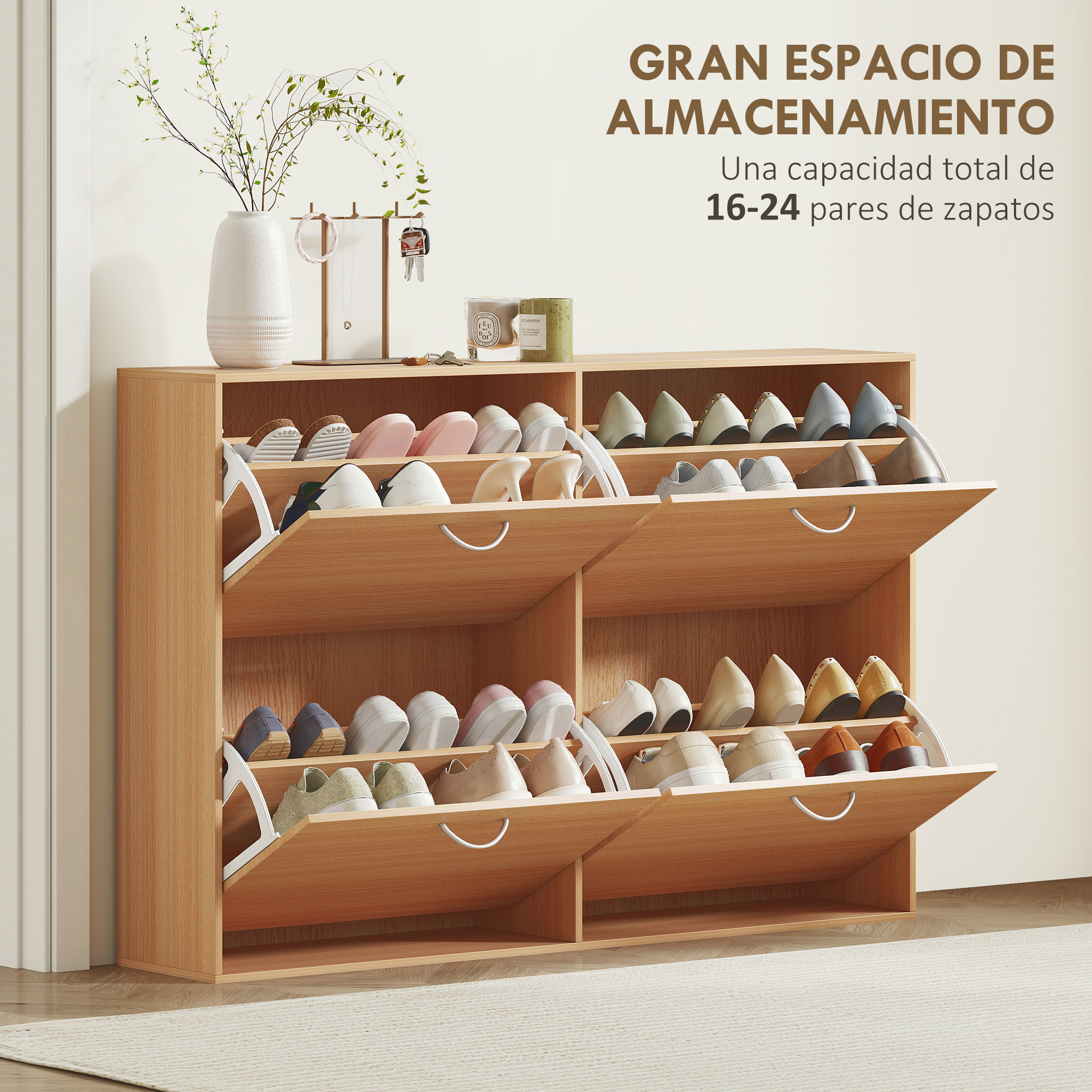 Zapatero Estrecho 4 Puertas, Zapatero Entrada Recibidor con Estantes Ajustables, para 16-24 Pares de Zapatos, para Pasillo, Espacios Reducidos, 120x24x81 cm, Natural
