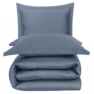 Parure housse de couette en satin de coton bleu