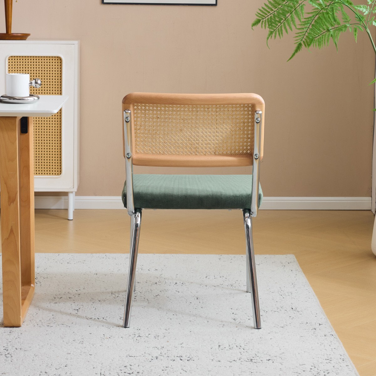 Lot de 2 chaises chromées, cannage et velours côtelé - PAULA