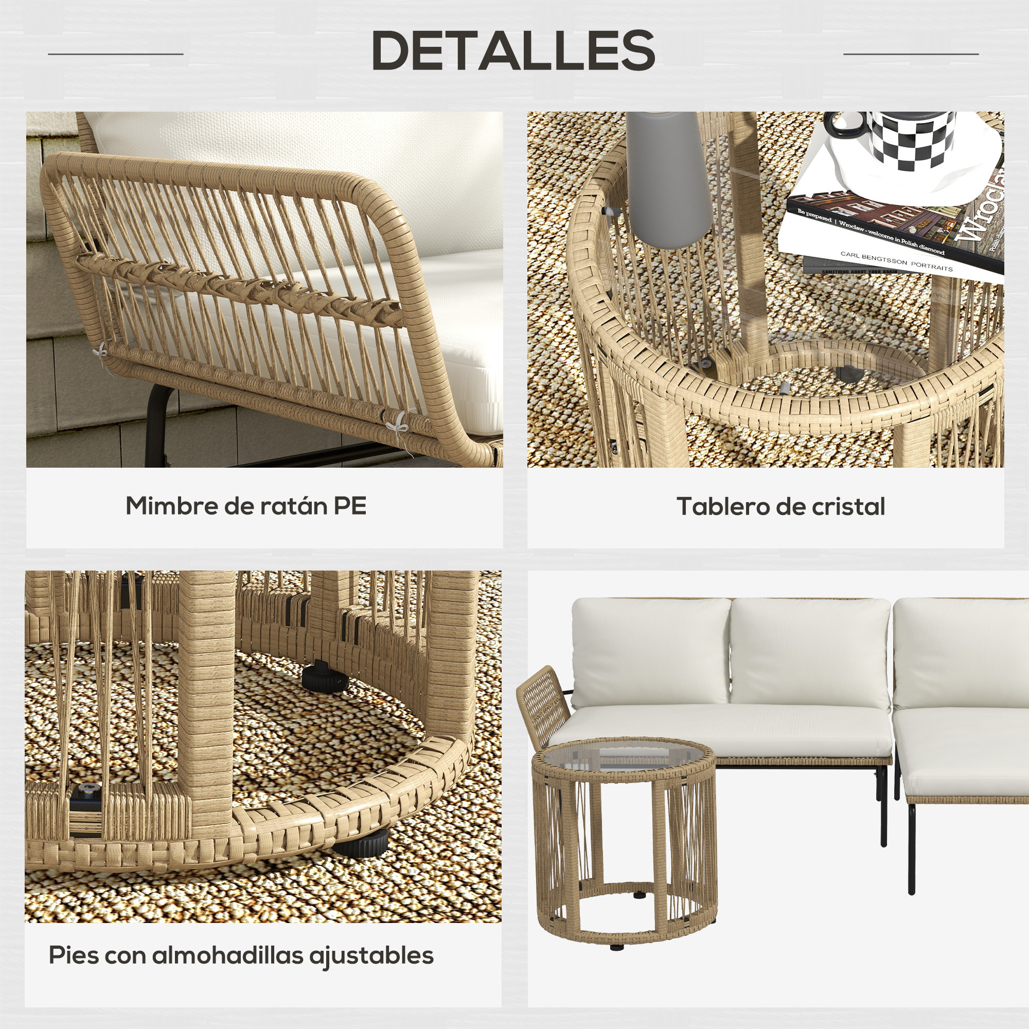 Conjunto de Muebles de Jardín Exterior de Ratán Juego de 3 Piezas Muebles de Terraza con Sofá de 2 Plazas Chaise Longue Cojines y Mesa Auxiliar de Tablero de Vidrio para Patio Crema y Natural