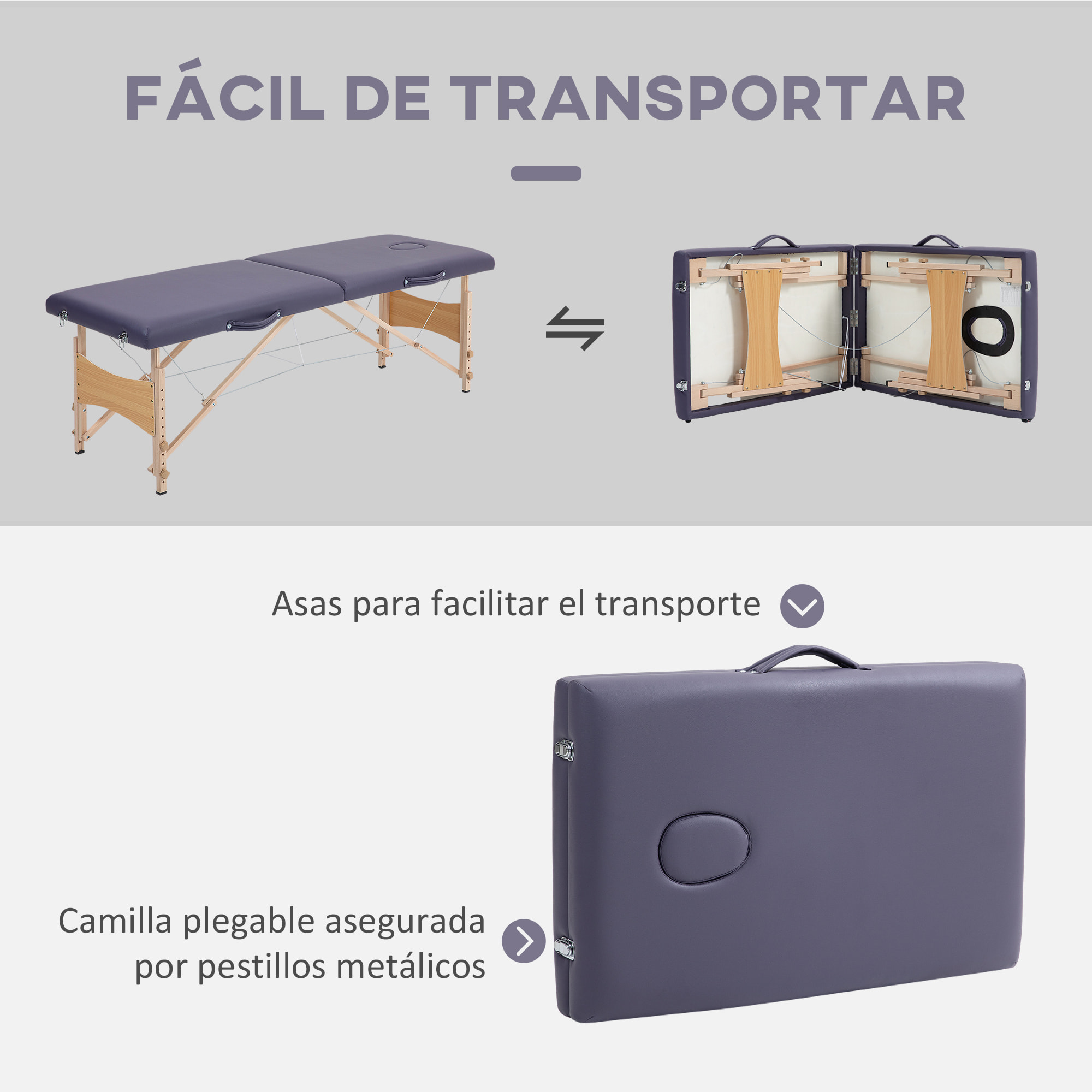 Camilla de Masaje Plegable Mesa de Masaje Portátil con Reposacabezas Marco de Madera Camilla Fisioterapia con Altura Regulable y Bolsa de Transporte 186x60x58-81 cm Púrpura