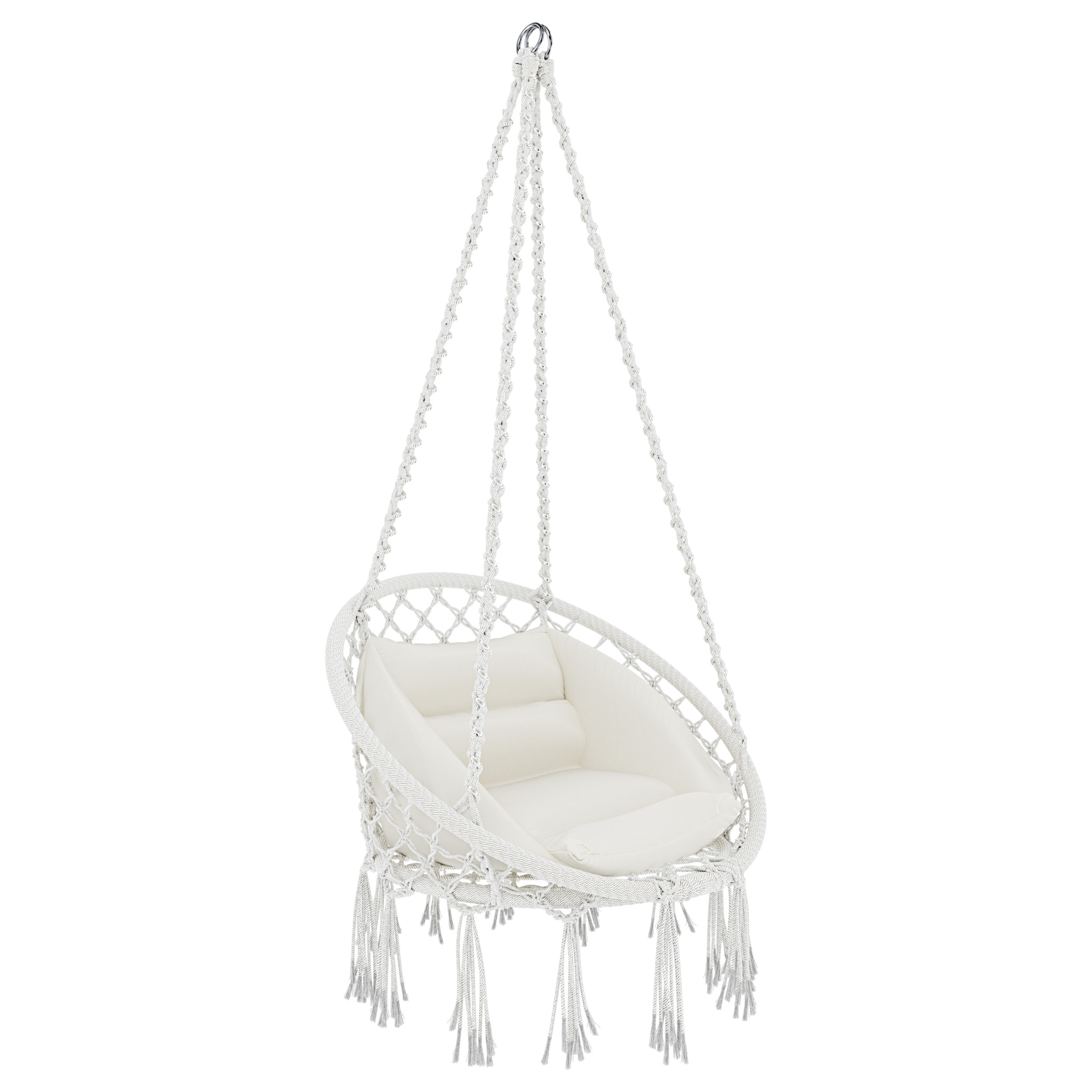 Poltrona Sospesa Pensile Da Giardino Corda In Cotone Effetto Macramè Struttura In Acciaio Cuscino Sedia Dondolo Seduta Imbottita Fino A 160 Kg Beige