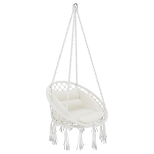 Poltrona Sospesa Pensile Da Giardino Corda In Cotone Effetto Macramè Struttura In Acciaio Cuscino Sedia Dondolo Seduta Imbottita Fino A 160 Kg Beige