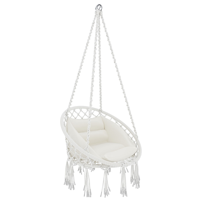 Poltrona Sospesa Pensile Da Giardino Corda In Cotone Effetto Macramè Struttura In Acciaio Cuscino Sedia Dondolo Seduta Imbottita Fino A 160 Kg Beige