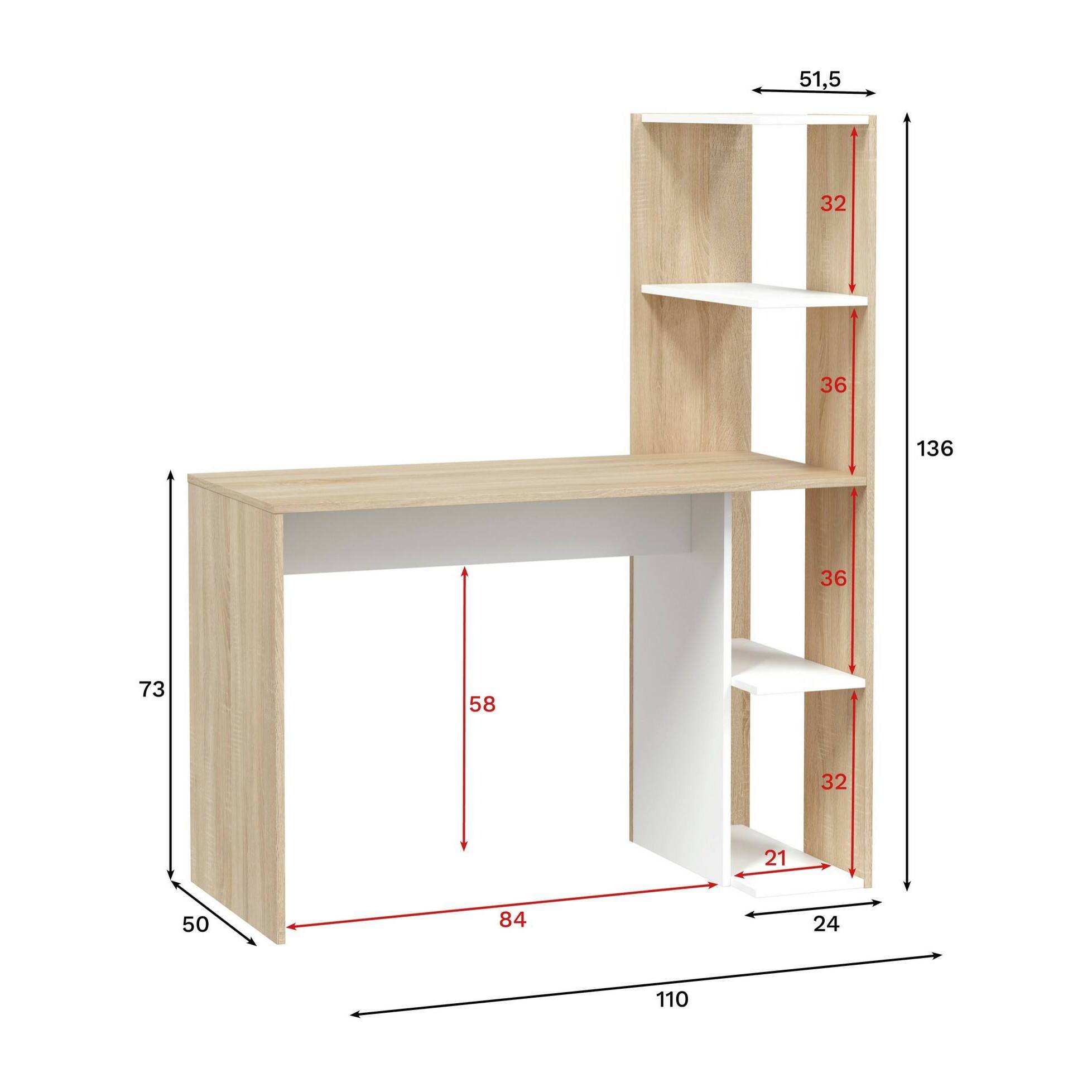 Scrivania Peekskill, Scrittoio lineare con libreria, Tavolo ufficio multiuso salvaspazio, 110x52h136 cm, Bianco e Rovere