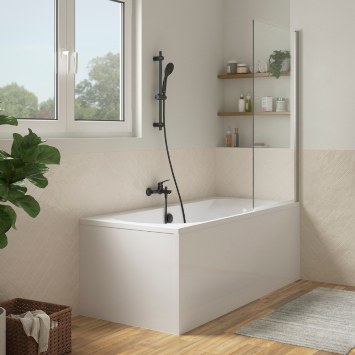 Pack baignoire Elise + tablier angle + pommeau et mitigeur bain noir Aimé + pare bain chromé + vidage