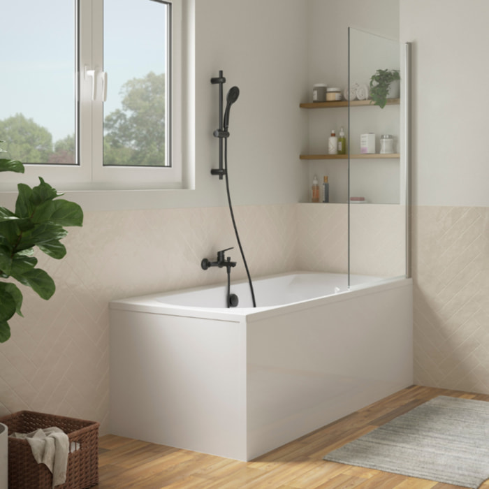Pack baignoire Elise + tablier angle + pommeau et mitigeur bain noir Aimé + pare bain chromé + vidage