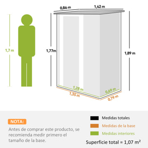 Caseta de Jardín 1,07 m² 142x86x189 cm Cobertizo Exterior Metálico con Puerta Cerradura y Orificios de Drenaje para Almacenamiento de Herramientas Verde