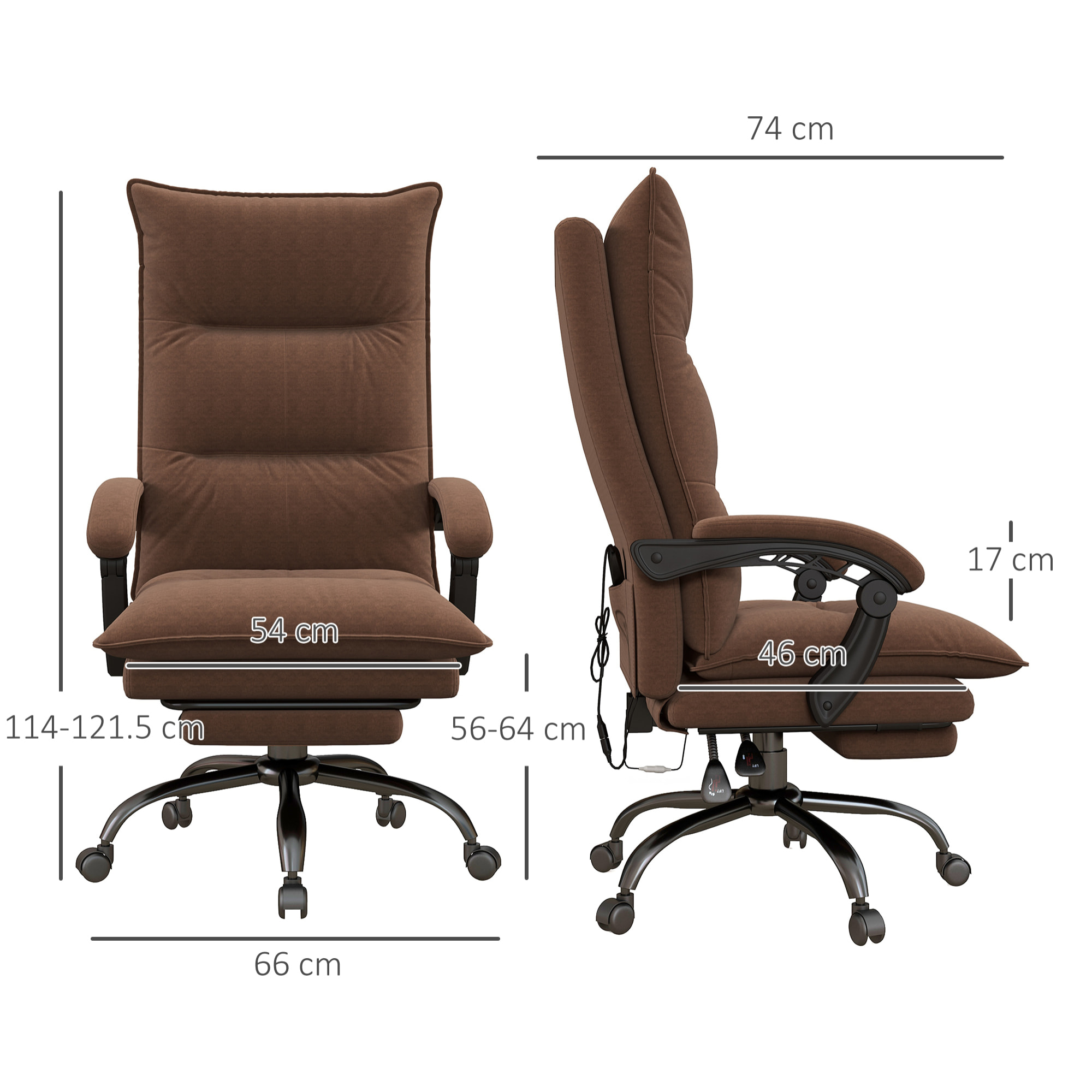 Fauteuil de bureau massant chauffant inclinable réglable repose-pieds rétractable microfibre marron