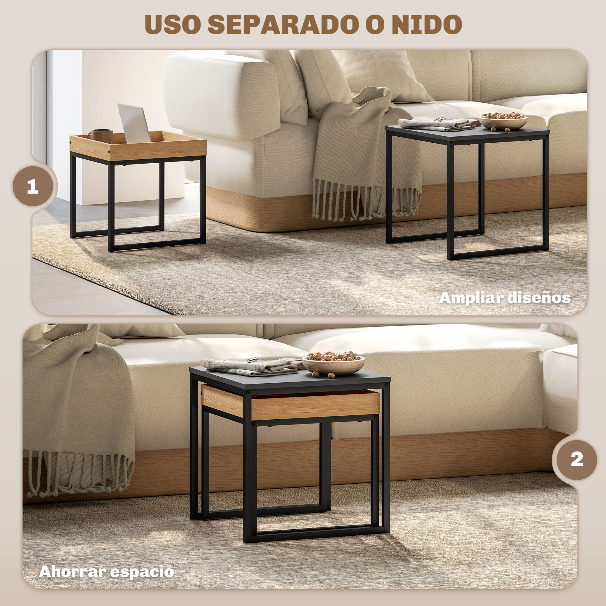 Mesas Auxiliares para Salón Mesas Nidos de 2 Piezas con Marco de Acero Mesas de Centro Pequeñas para Dormitorio Negro y Roble