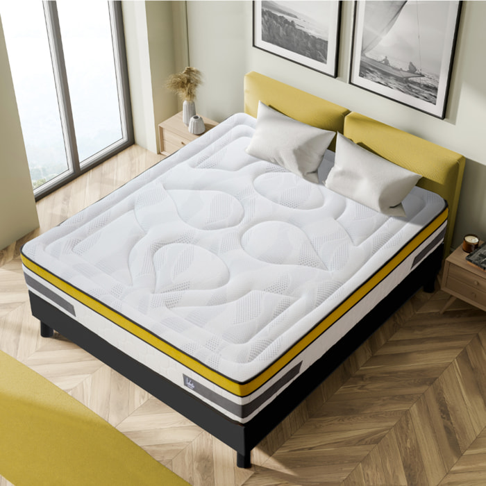 Ensemble Matelas Hybride Aubertin & Sommier Kit Bois, Ressorts Ensachés & Mousse Hyper Soft, 24 cm, Soutien Ferme