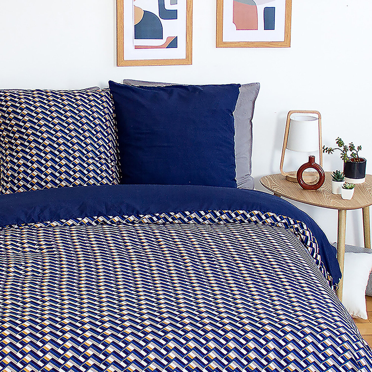 Parure housse de couette en microfibre motif géométrique -bleu