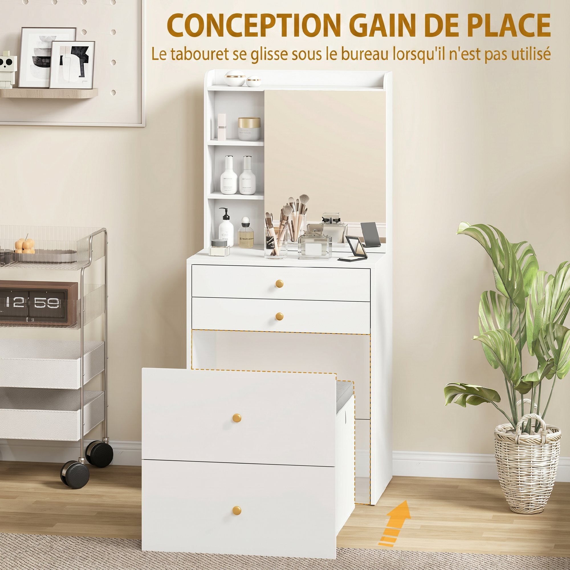 Coiffeuse tabouret encastrable multi-rangement miroir poignées dorées blanc