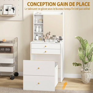 Coiffeuse tabouret encastrable multi-rangement miroir poignées dorées blanc
