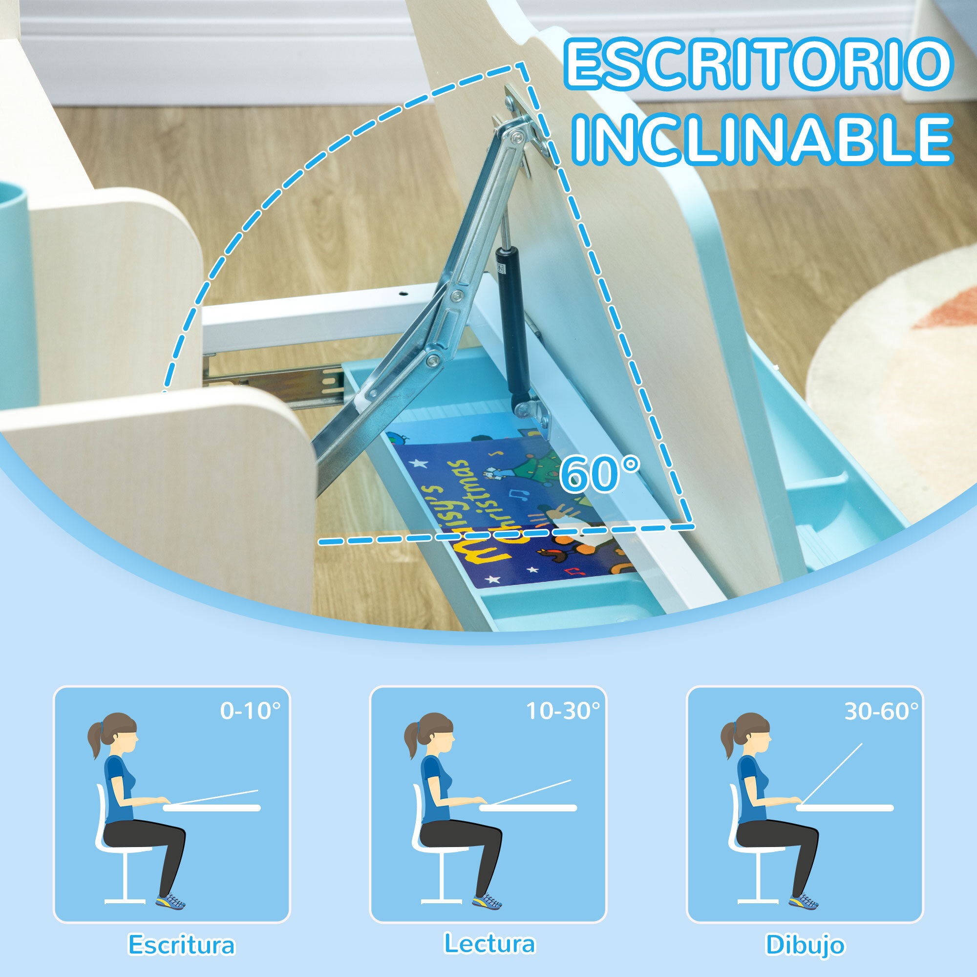 Juego de Escritorio y Silla para Niños de +3 Años Pupitre Infantil Altura Ajustable con 1 Cajón 1 Estante para Libros y Tablero de Mesa Inclinable 80x52x88-109 cm Azul y Blanco