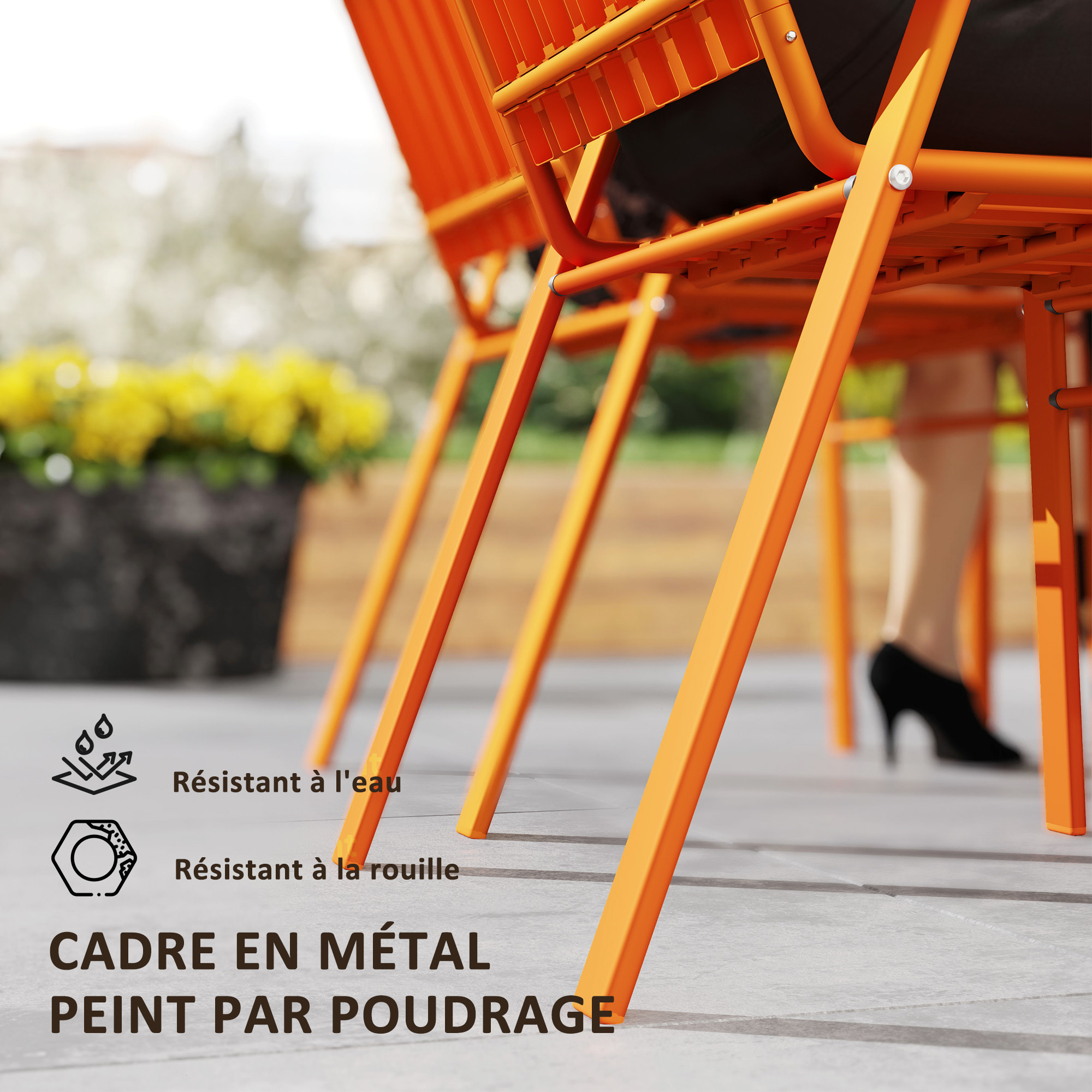 Lot de 4 chaises de jardin empilables design néo-rétro avec hauts dossiers accoudoirs acier époxy orange