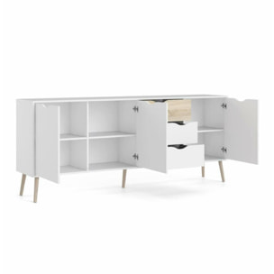 Credenza a tre a ante e tre cassetti, colore bianco e rovere, Misure 195 x 81 x 39 cm