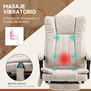 Silla de Masaje con 6 Puntos de Masaje Silla de Oficina Giratoria Silla de Escritorio Reclinable con Altura Ajustable Función de Calefacción Reposapiés Retráctil y Control Remoto Crema