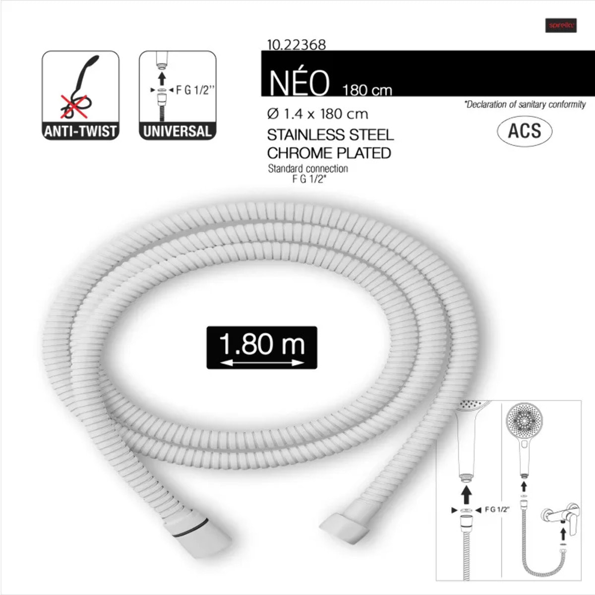 Flexible de douche inox NÉO 1,80 m – Anti-torsion – Connexion universelle F 1/2 – Certification ACS – Blanc Ø 14 mm