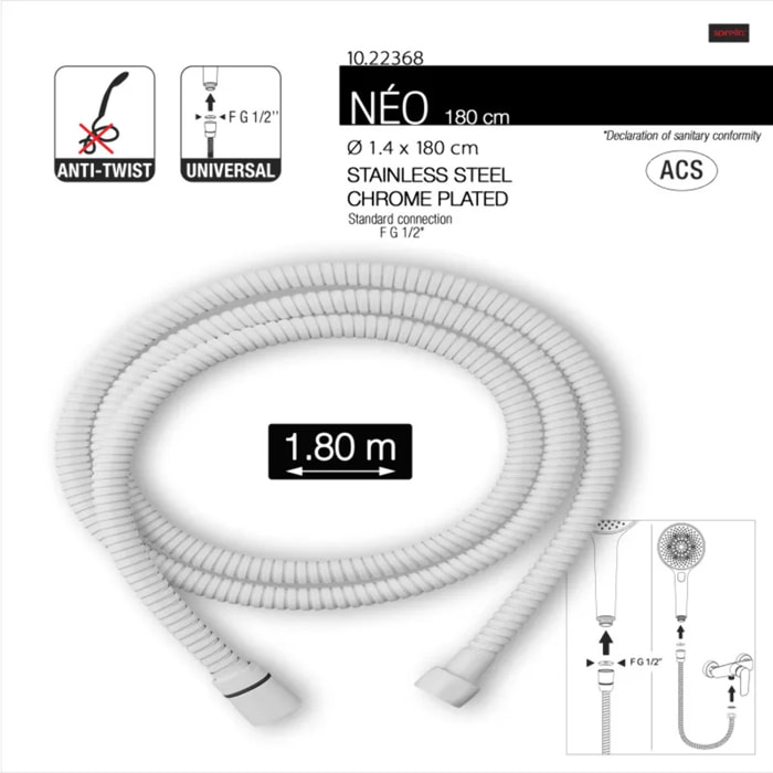 Flexible de douche inox NÉO 1,80 m – Anti-torsion – Connexion universelle F 1/2 – Certification ACS – Blanc Ø 14 mm