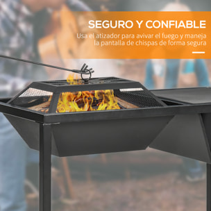 4 en 1 Brasero Exterior de Acero Galvanizado para Jardín Barbacoa de Leña Enfriador de Cubitos de Hielo Mesa de Jardín con Rejilla Protector de Chispas y Atizador 100x46,5x64 cm Negro