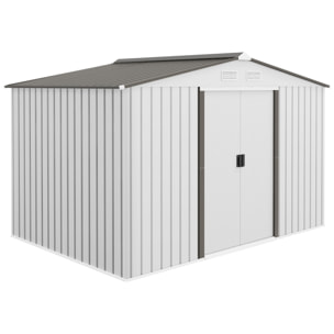 Caseta de Jardín Exterior, 5 m² 277x195x192 cm, Cobertizo de Jardín Exterior Metálico con 2 Puertas Correderas, Base Refuerzo (Suelo NO Incluido) y 4 Ventanas, Plata y Gris