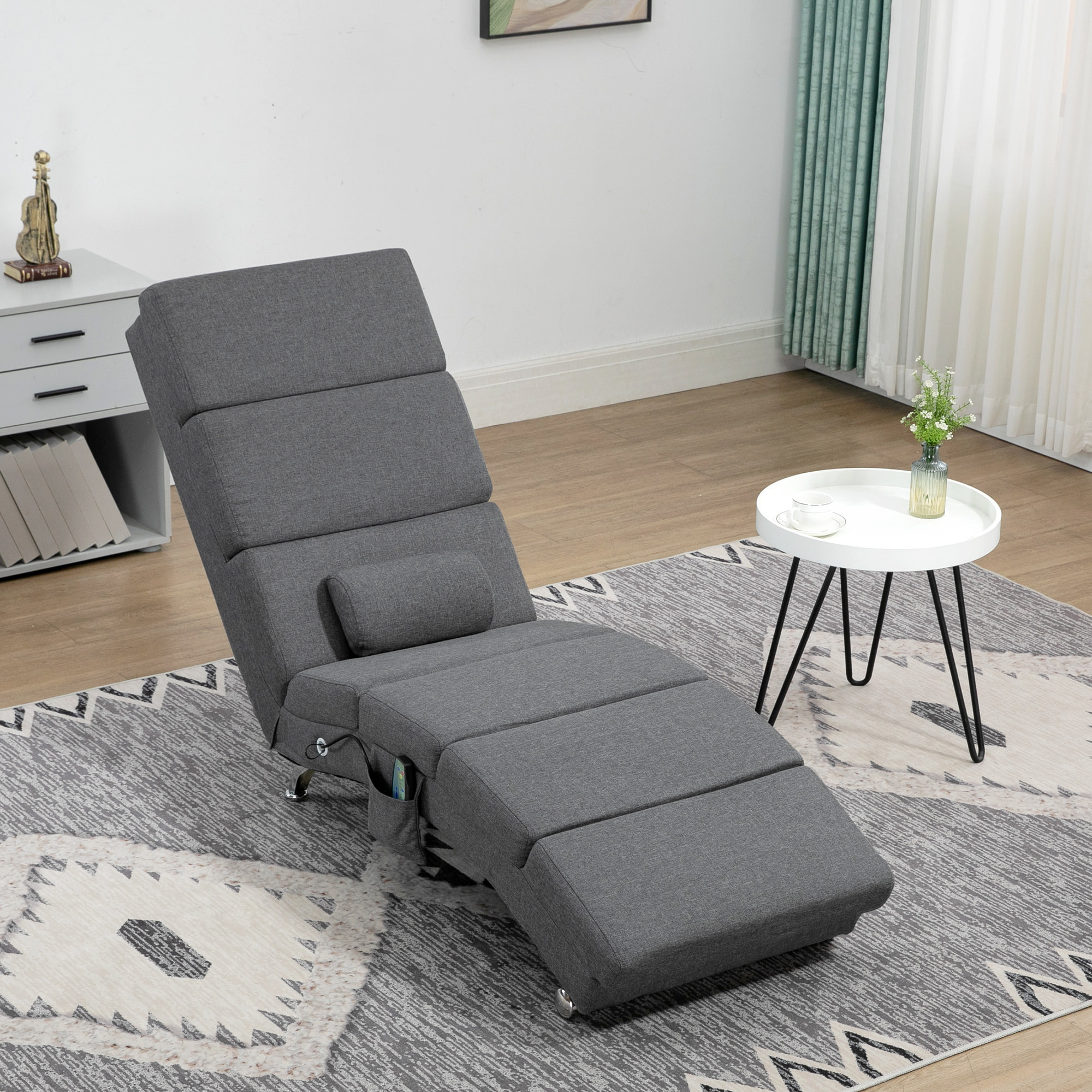 Fauteuil relax massant chauffant design contemporain - chaise longue d'intérieur - piètement métal chromé tissu gris