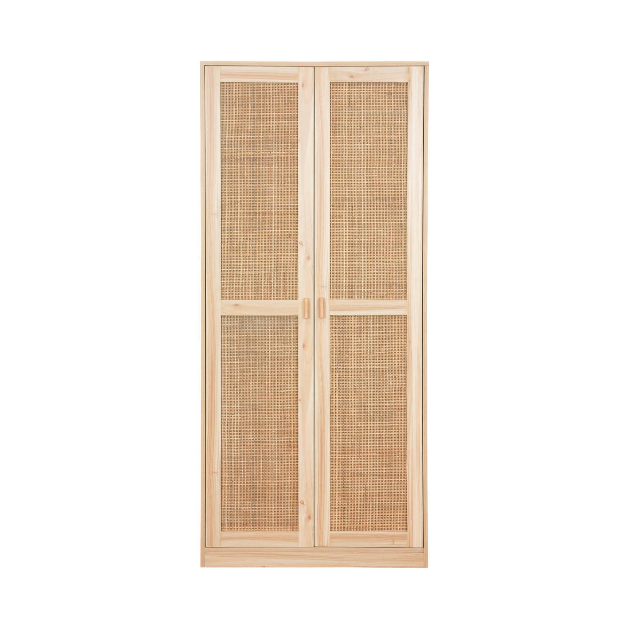Armoire dressing cannage et effet bois. 2 portes avec penderie et rangements