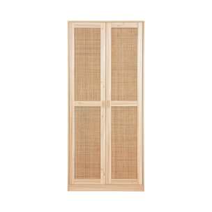 Armoire dressing cannage et effet bois. 2 portes avec penderie et rangements
